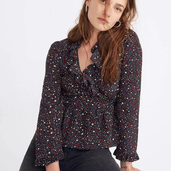 MADEWELL Silk Ruffle-Hem Wrap Top in Starry Night - Picture 1 of 9